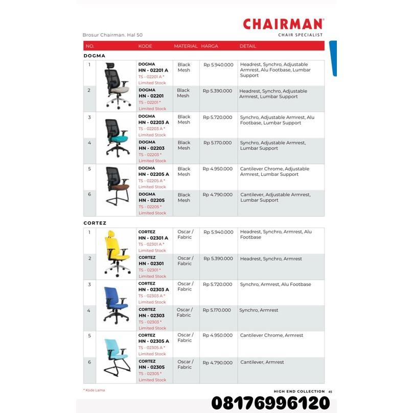 Kursi Kantor Chairman DOGMA HN 02201 A 02201 02203 A 02203 02205 A 02205 & CORTEZ HN 02301 A 02301 02303 A 02303 02305 A 02305