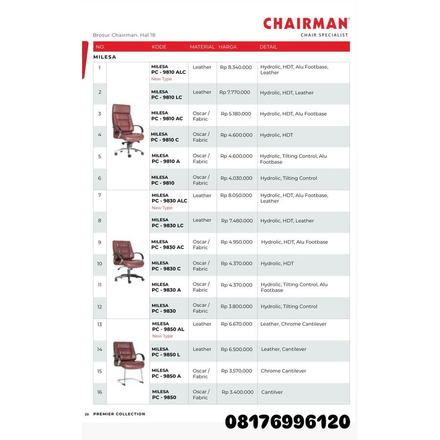 Kursi Kantor Chairman MILESA PC 9810 ALC 9810 LC 9810 AC 9810 A 9810 9830 ALC 9830 LC 9830 AC 9830 C 9830 A 9830 9850 AL 9850 L 9850 A 9850