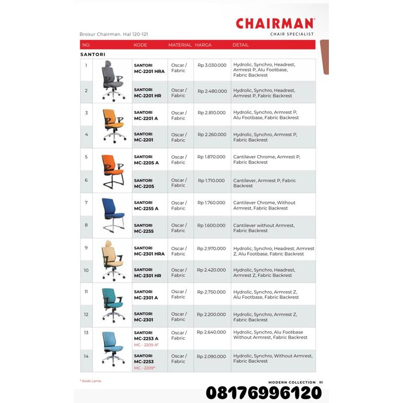Kursi Kantor Chairman SANTORI MC 2201 HRA 2201 HR 2201 A 2201 2205 A 2205 2255 A 2255 2301 HRA 2301 HR 2301 A 2301 2253 A 2253