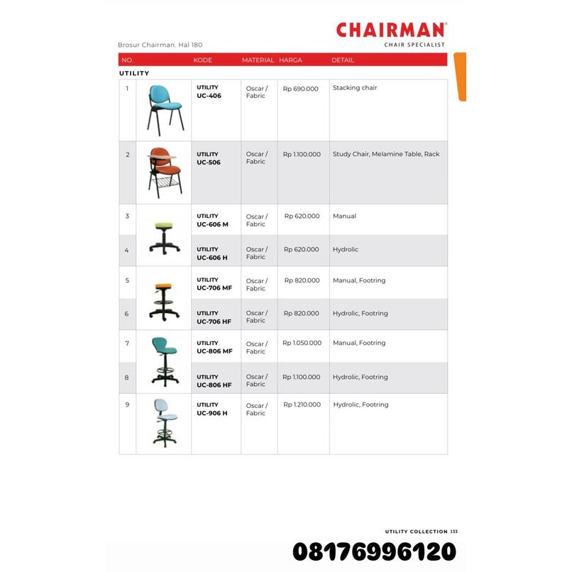Kursi Kantor Chairman UTILITY UC 406 506 606 M 606 H 706 MF 706 HF 806 MF 806 HF 906 H