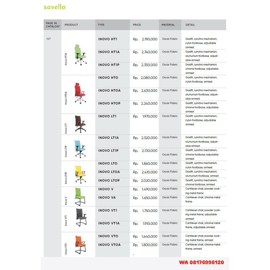 Kursi Kantor Savello INOVO HT1 HT1A HT1P HTO HTOA HTOP LT1 LT1A LT1P LTO LTOA LTOP V VA VT1 VT1A VTO VTOA