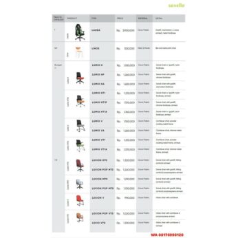 Kursi Kantor Savello LAUDA, LINOS, LUMIX H HP HA HT1 HT1P HT1A V VA VT1 VT1A, LUXION HTO POP HTO MTO POP MTO V POP VTO LUXIO VTO