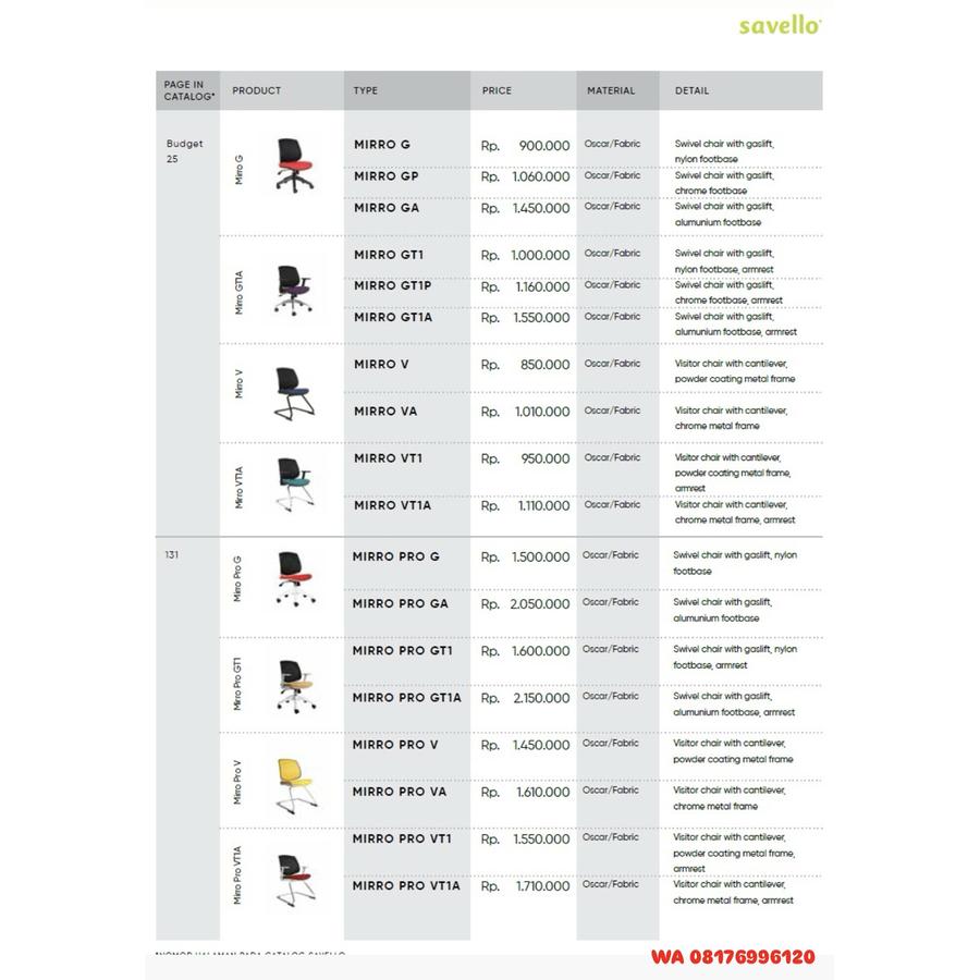 Kursi Kantor Savello MIRRO G GP GA GT1 GT1P GT1A V VA VT1 VT1A PRO G PRO GA PRO GT1 PRO GT1A PRO V PRO VA PRO VT1 PRO VT1A