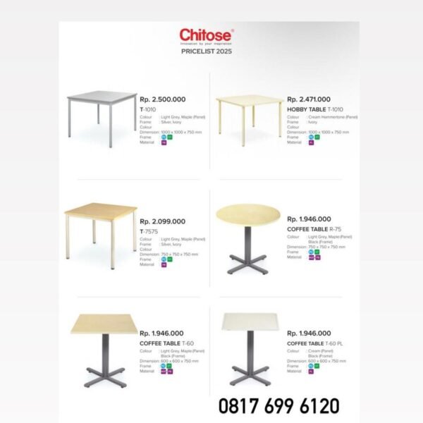 Meja Resto Chitose T-1010 HOBBY TABLE T-1010 T-7575 COFFEE TABLE R-75 COFFEE TABLE T-60 COFFEE TABLE T-60 PL